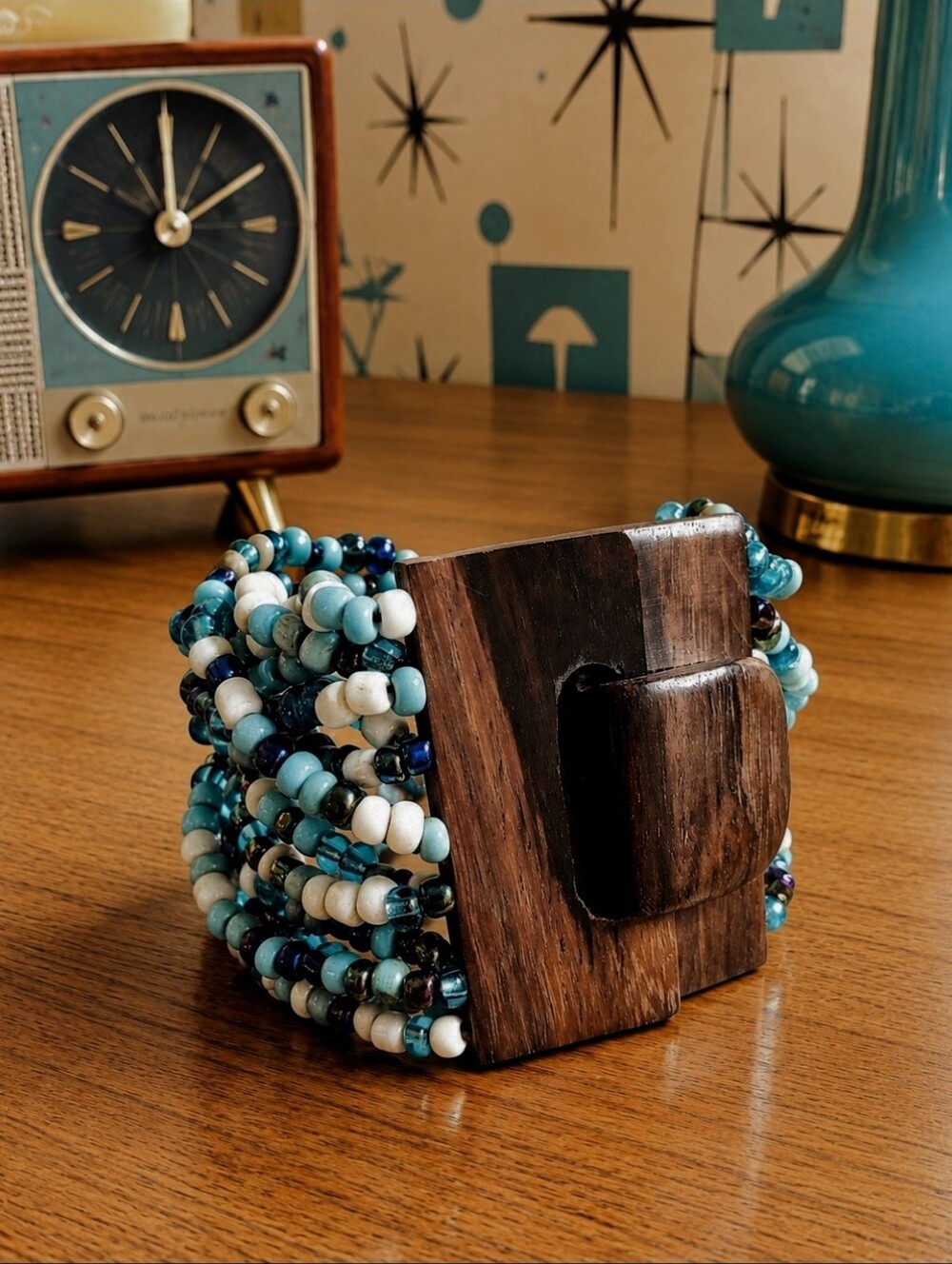Wood Clasp Seed Beaded Blue Turquoise Cream Twisted Stretch Vintage Bracelet MCM